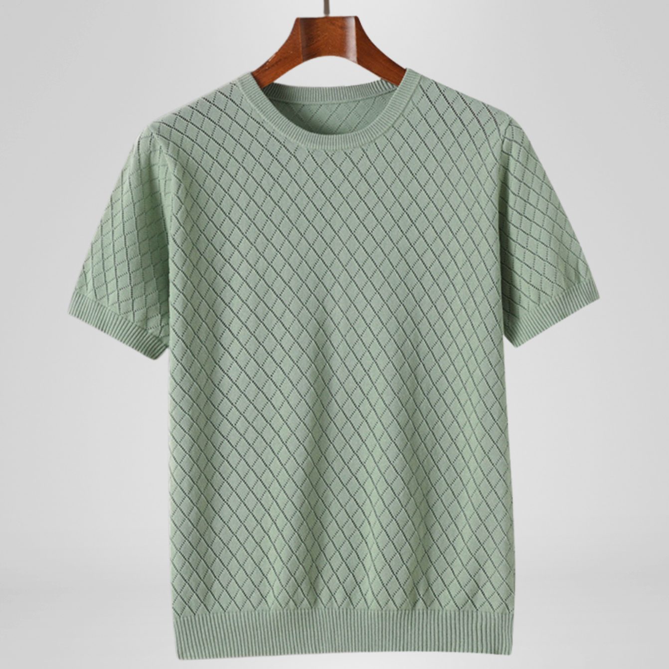 Men's Lightweight Sweater Cotton Diamond-Knit Crewneck - Green
