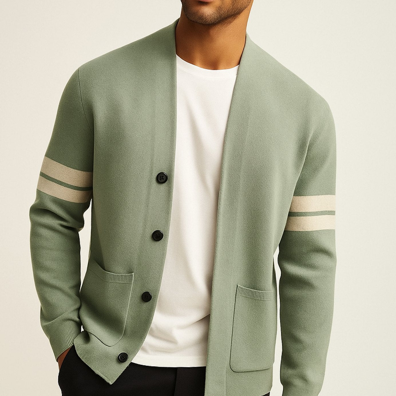 Mens Lightweight Sweater Merino Wool Blend Stripe Cardigan - Light Green