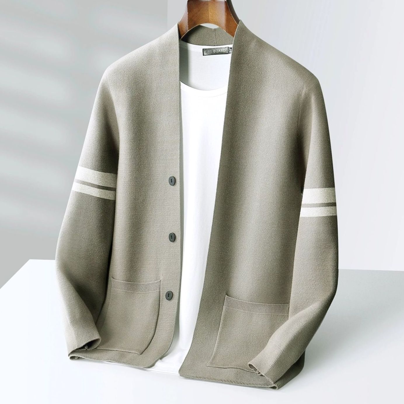 Mens Lightweight Sweater Merino Wool Blend Stripe Cardigan - Beige