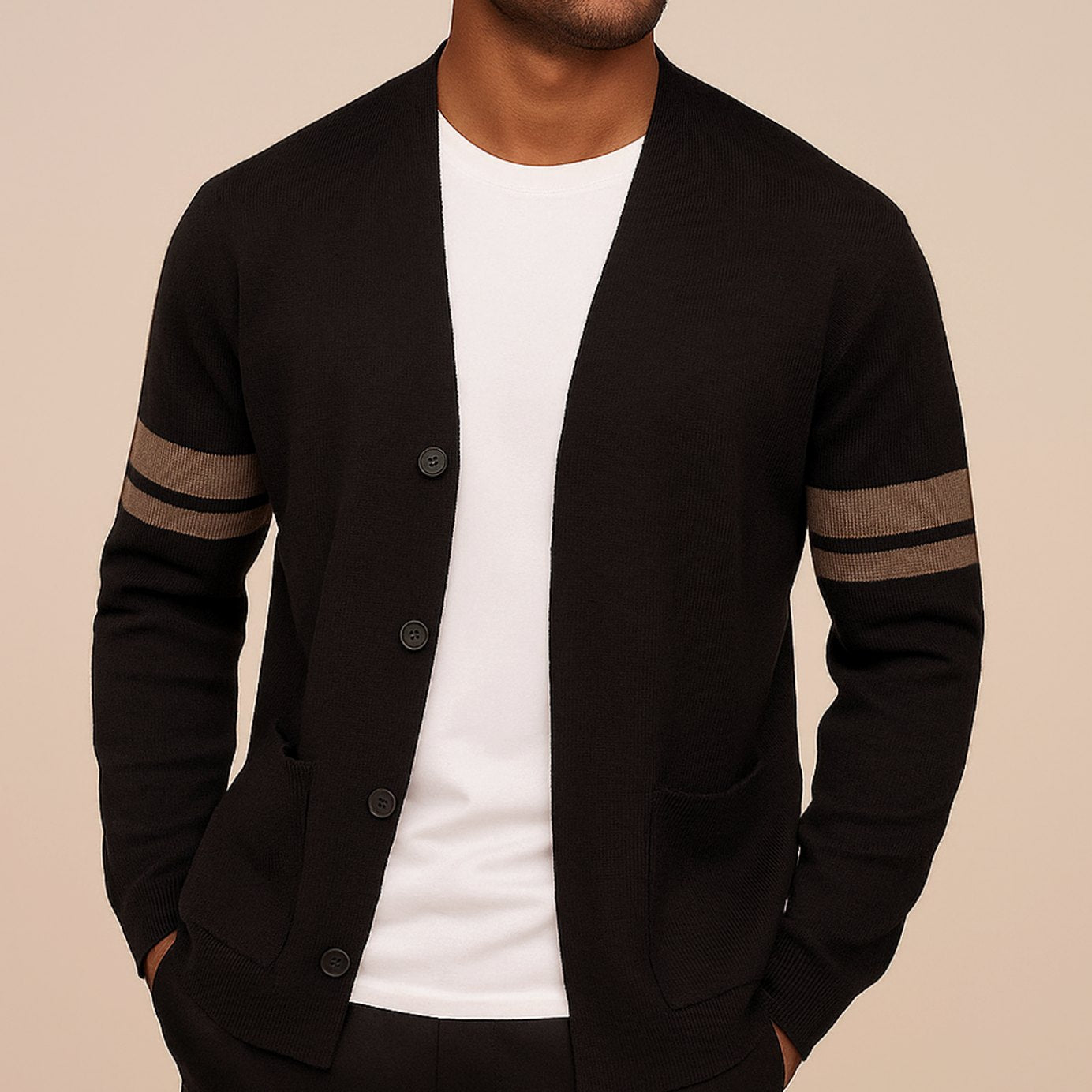 Mens Lightweight Sweater Merino Wool Blend Stripe Cardigan - Black