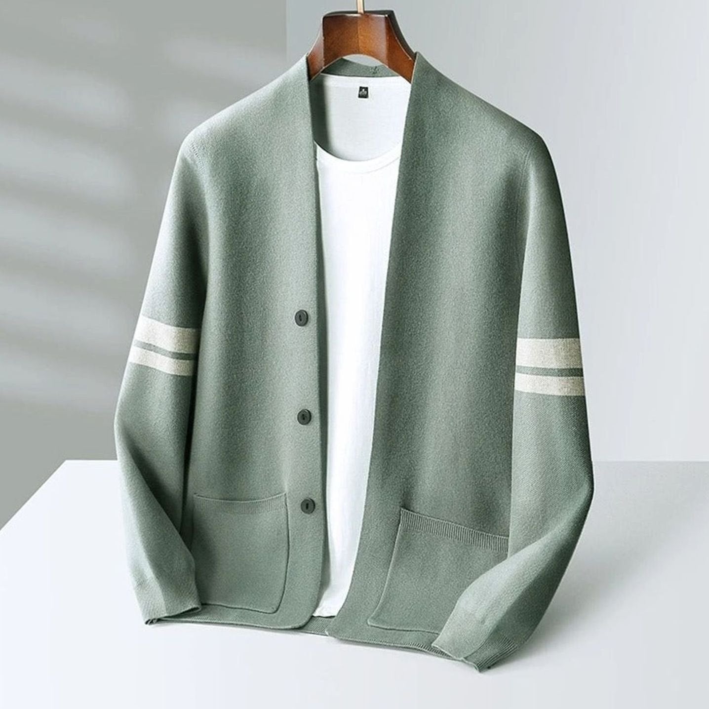 Mens Lightweight Sweater Merino Wool Blend Stripe Cardigan
