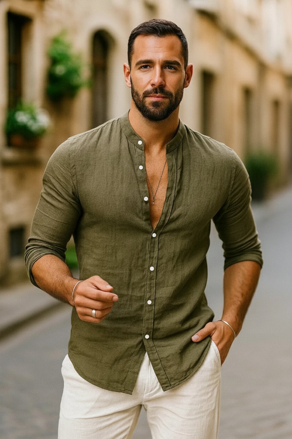 Men's Linen Grandad Collar Long Sleeve Casual Shirt - Army Green