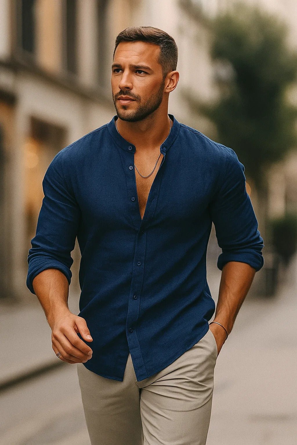 Men's Linen Grandad Collar Long Sleeve Casual Shirt - Blue