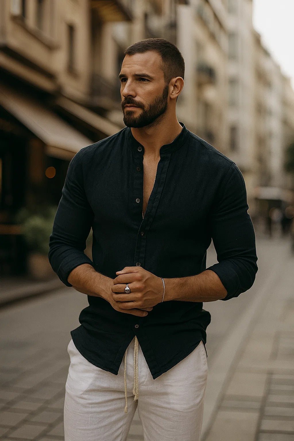 Men's Linen Grandad Collar Long Sleeve Casual Shirt - Black