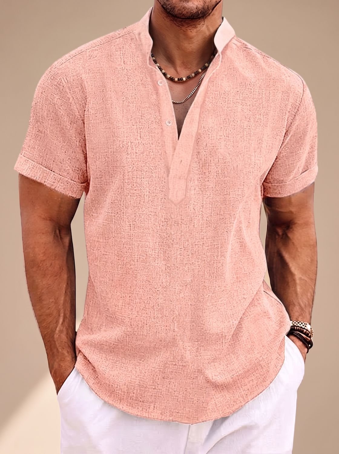 Men's Linen-Look Short-Sleeve Henley Shirt - Pink
