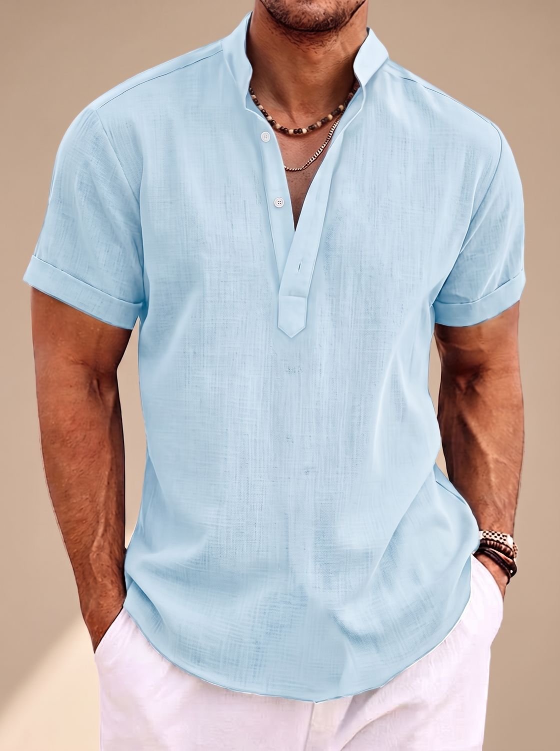 Men's Linen-Look Short-Sleeve Henley Shirt - Light Blue