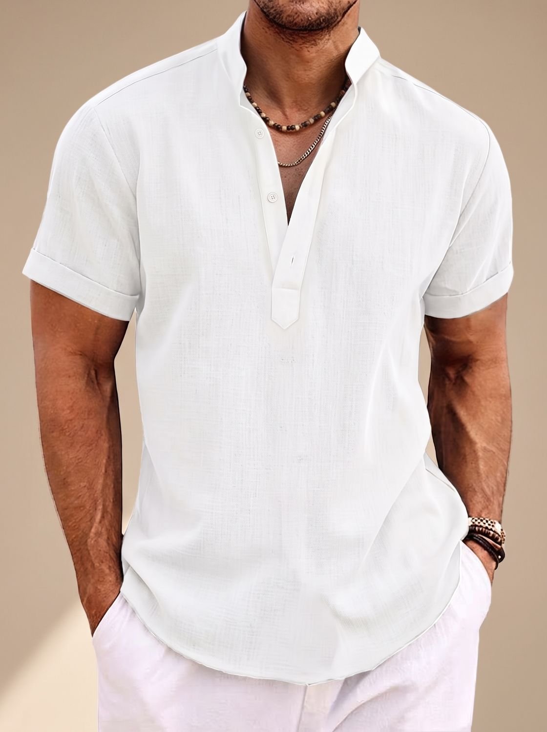Men's Linen-Look Short-Sleeve Henley Shirt - White