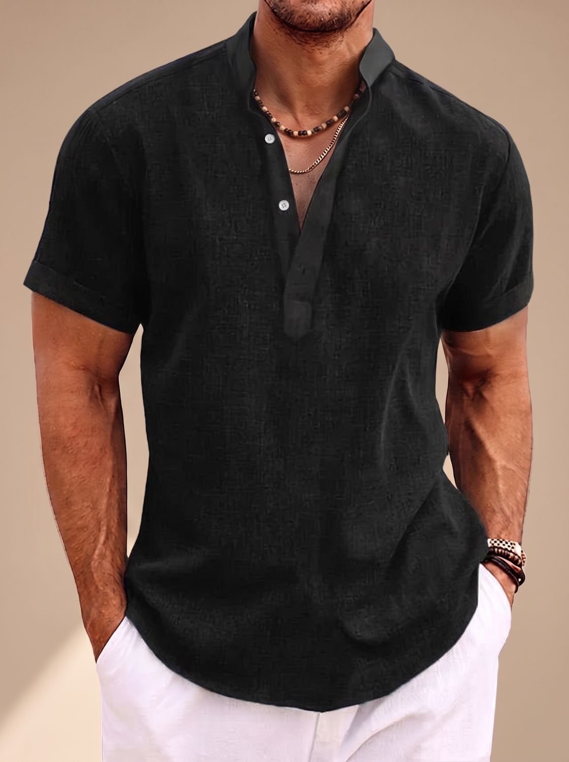 Men's Linen-Look Short-Sleeve Henley Shirt - Black