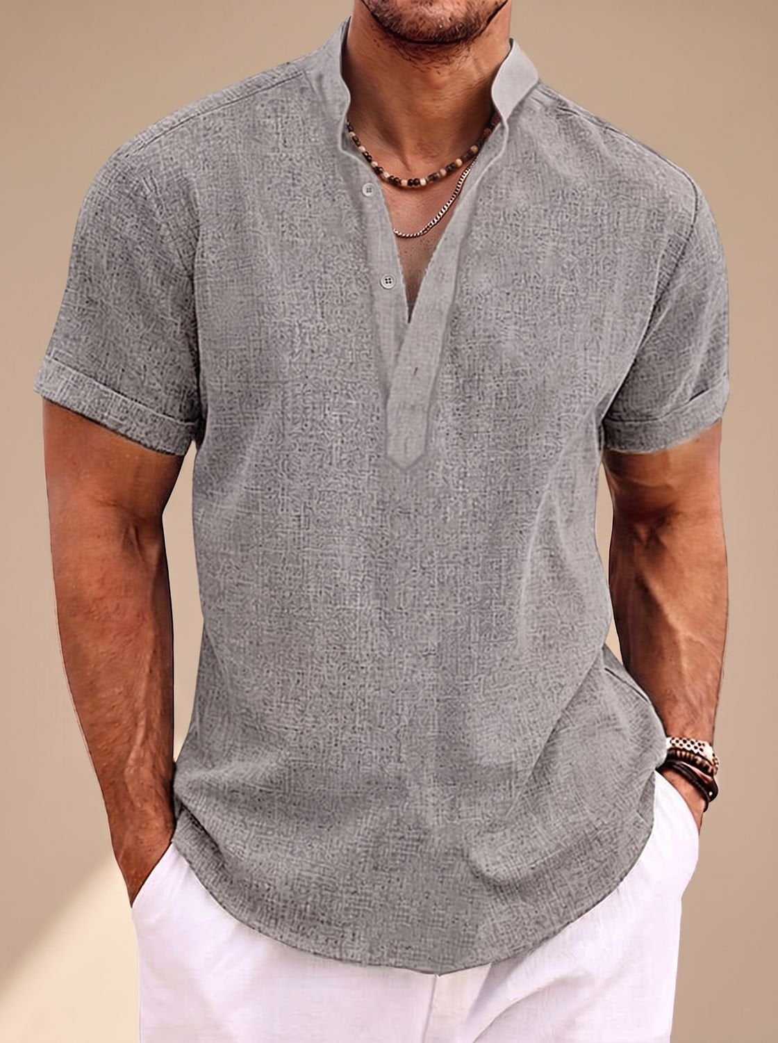 Men's Linen-Look Short-Sleeve Henley Shirt - Grey