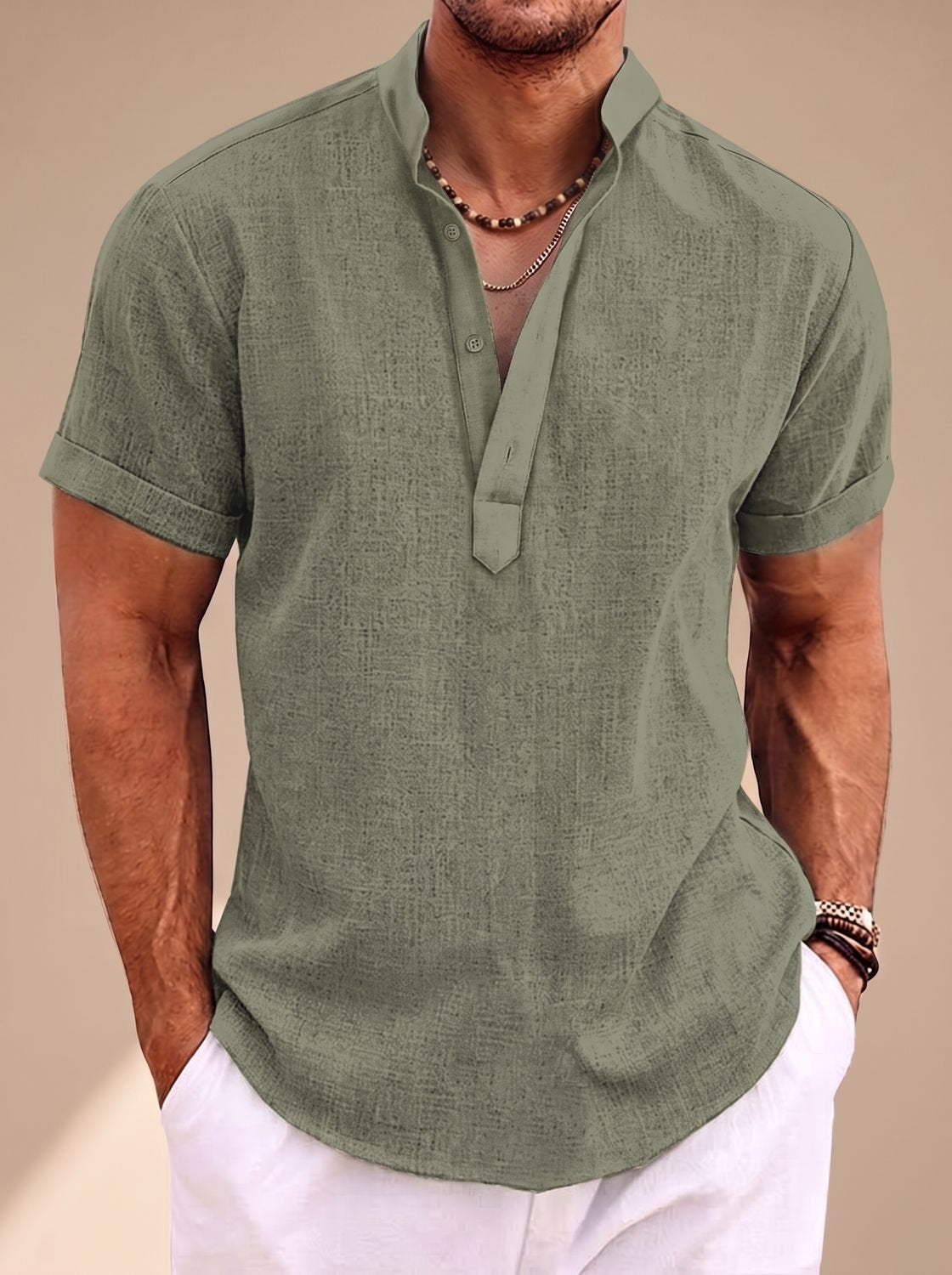 Men's Linen-Look Short-Sleeve Henley Shirt - Green
