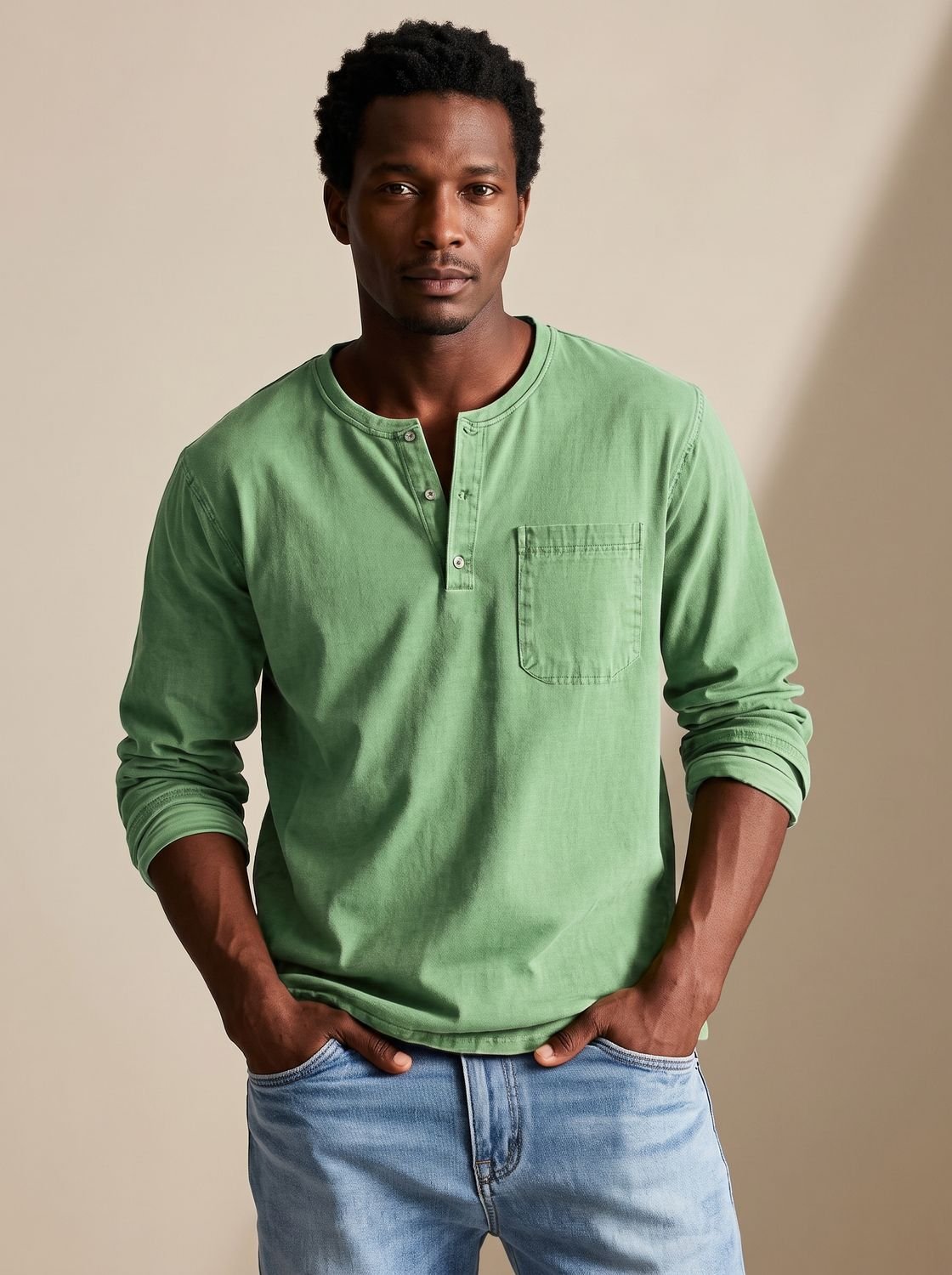 Men's Long-Sleeve Henley Shirt Relaxed-Fit Chest Pocket - Green