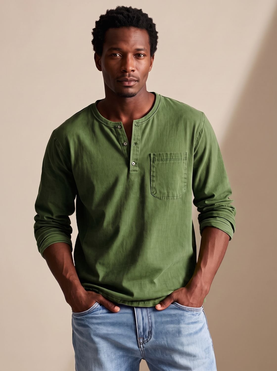 Men's Long-Sleeve Henley Shirt Relaxed-Fit Chest Pocket - Army Green