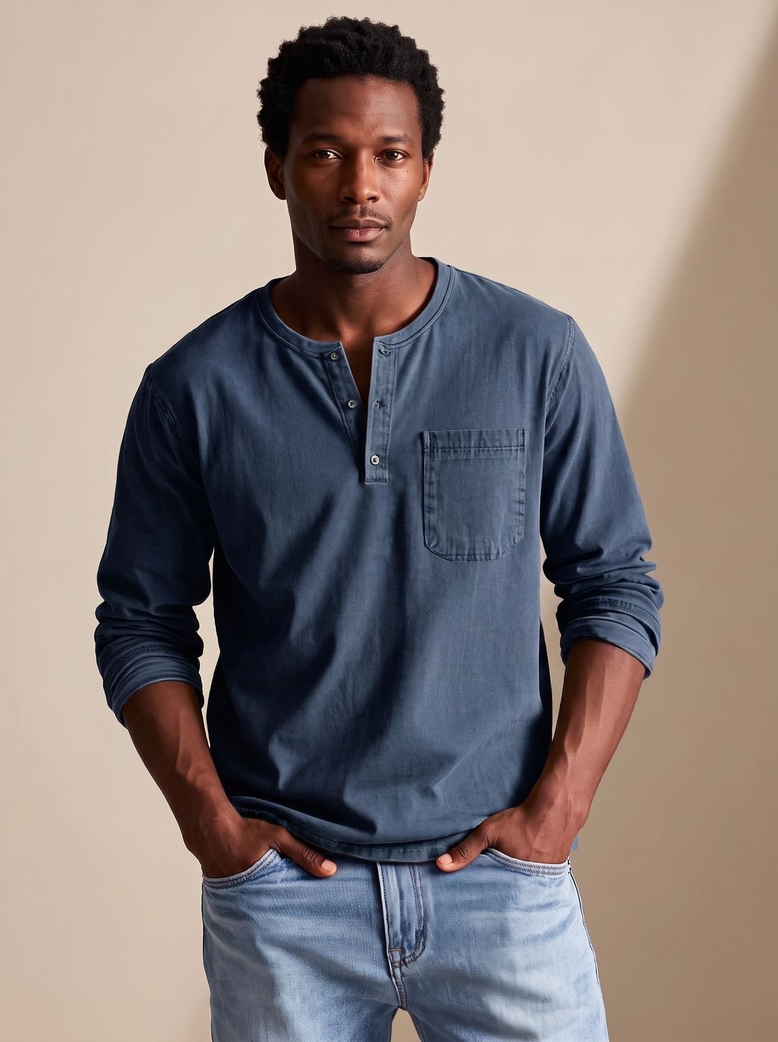 Men's Long-Sleeve Henley Shirt Relaxed-Fit Chest Pocket - Navy Blue
