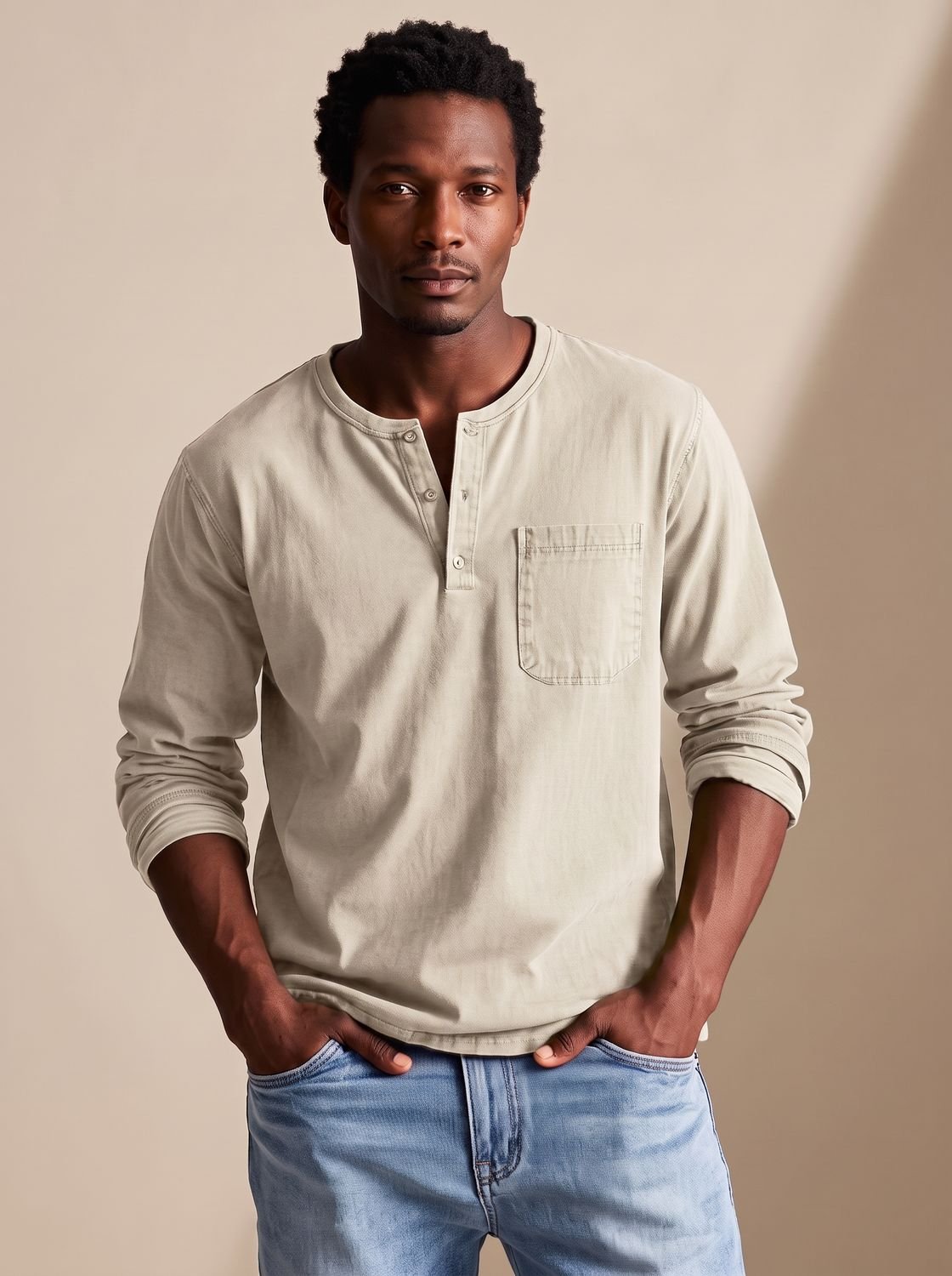Men's Long-Sleeve Henley Shirt Relaxed-Fit Chest Pocket - Beige