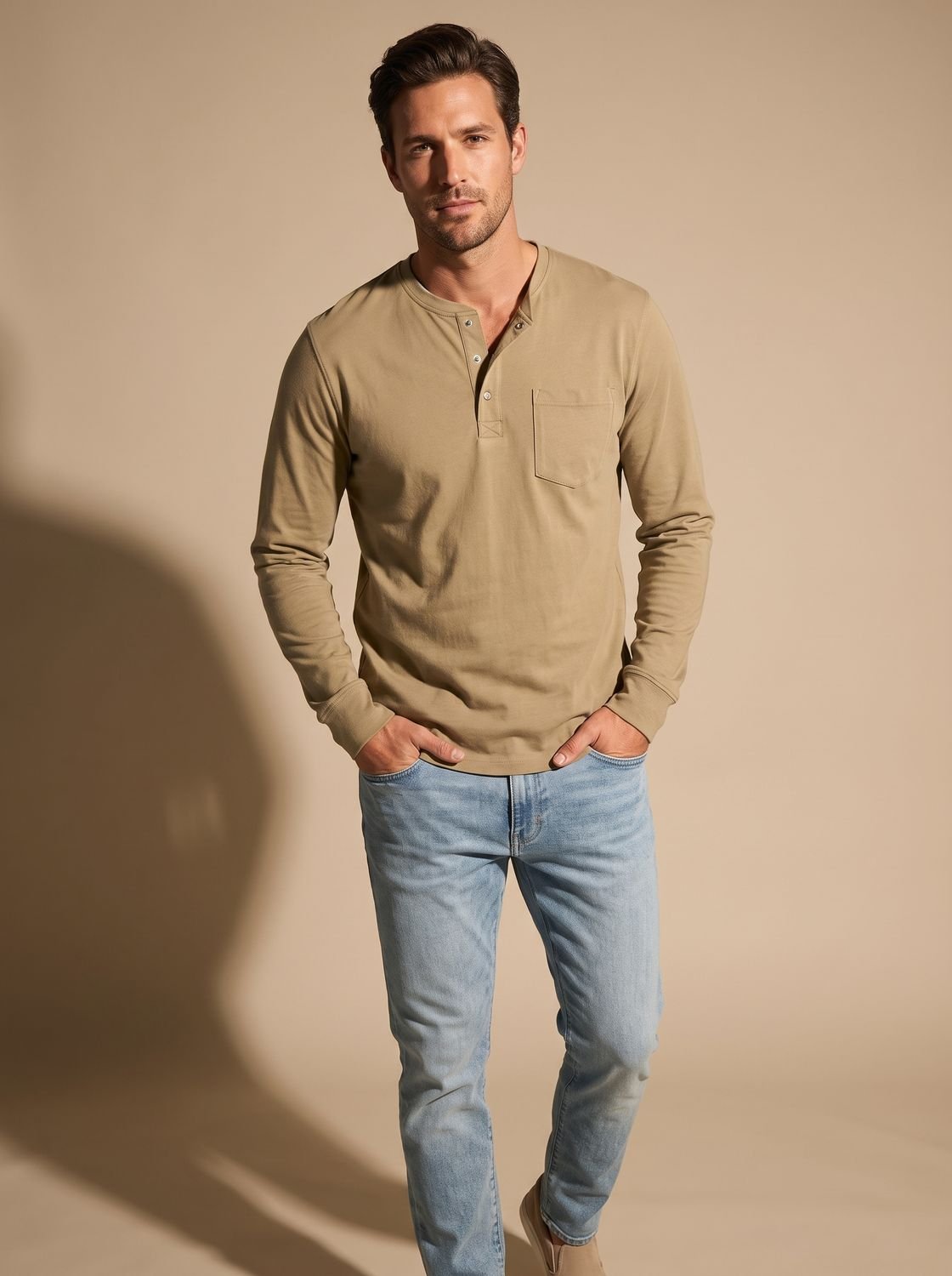 Men's Long-Sleeve Henley Shirt Relaxed-Fit Chest Pocket - Khaki