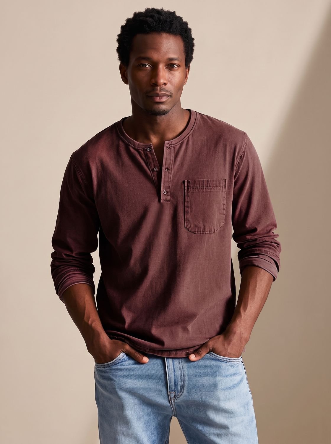 Men's Long-Sleeve Henley Shirt Relaxed-Fit Chest Pocket - Red