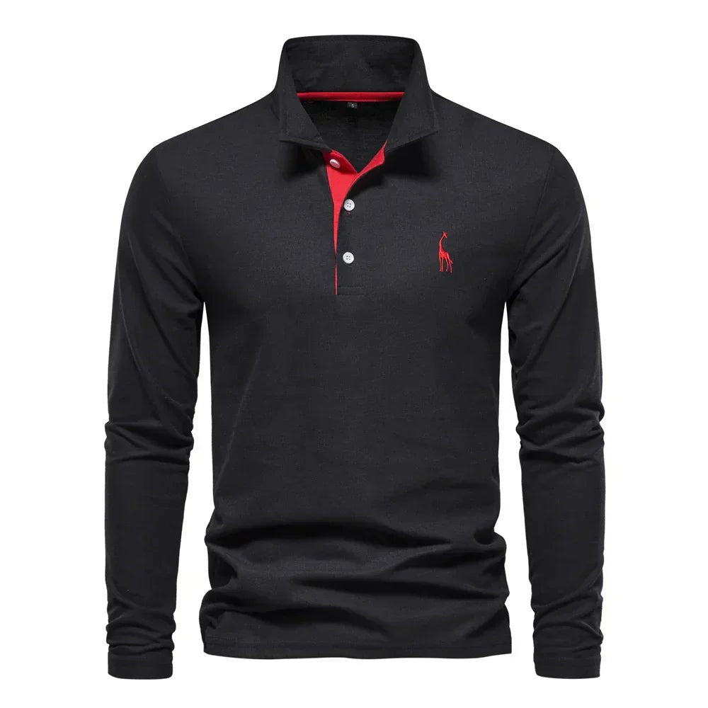 Men's Long Sleeve Polo Shirt Cotton Blend Pullover - Black