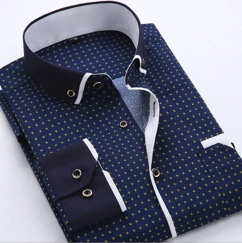 Men's Long Sleeve Shirt Modern Slim Fit Contrast Collar - Navy Blue
