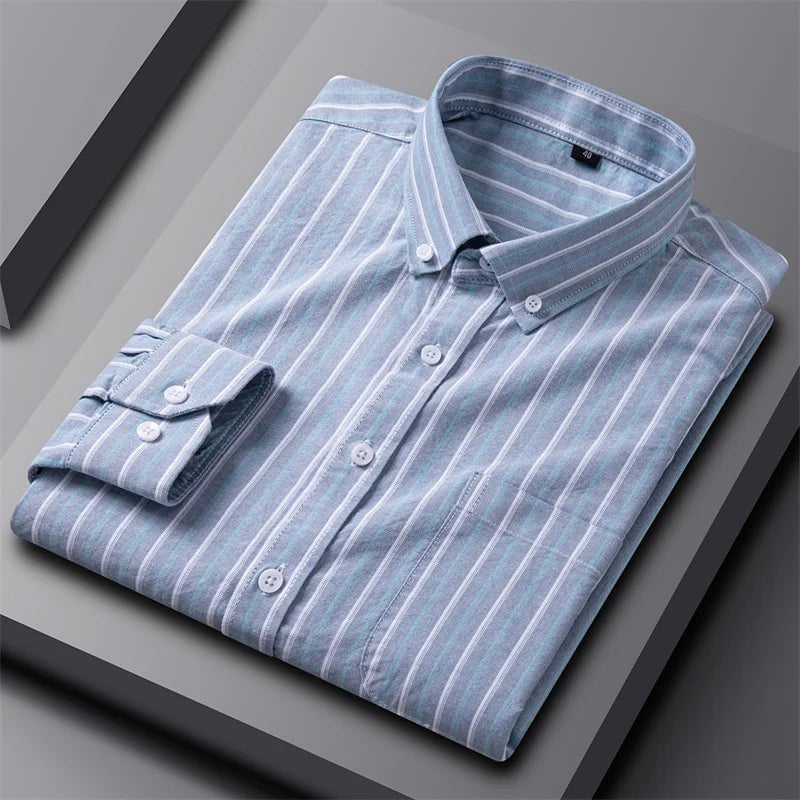 Men's Oxford Button Down Shirt Long Sleeve Cotton - Blue/White