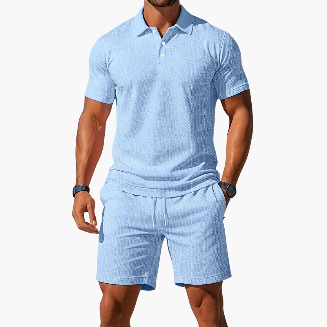 Men's Polo Shirt Shorts Set Casual Two Piece Matching Summer - Light Blue