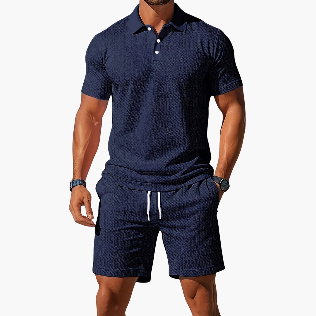 Men's Polo Shirt Shorts Set Casual Two Piece Matching Summer - Navy Blue