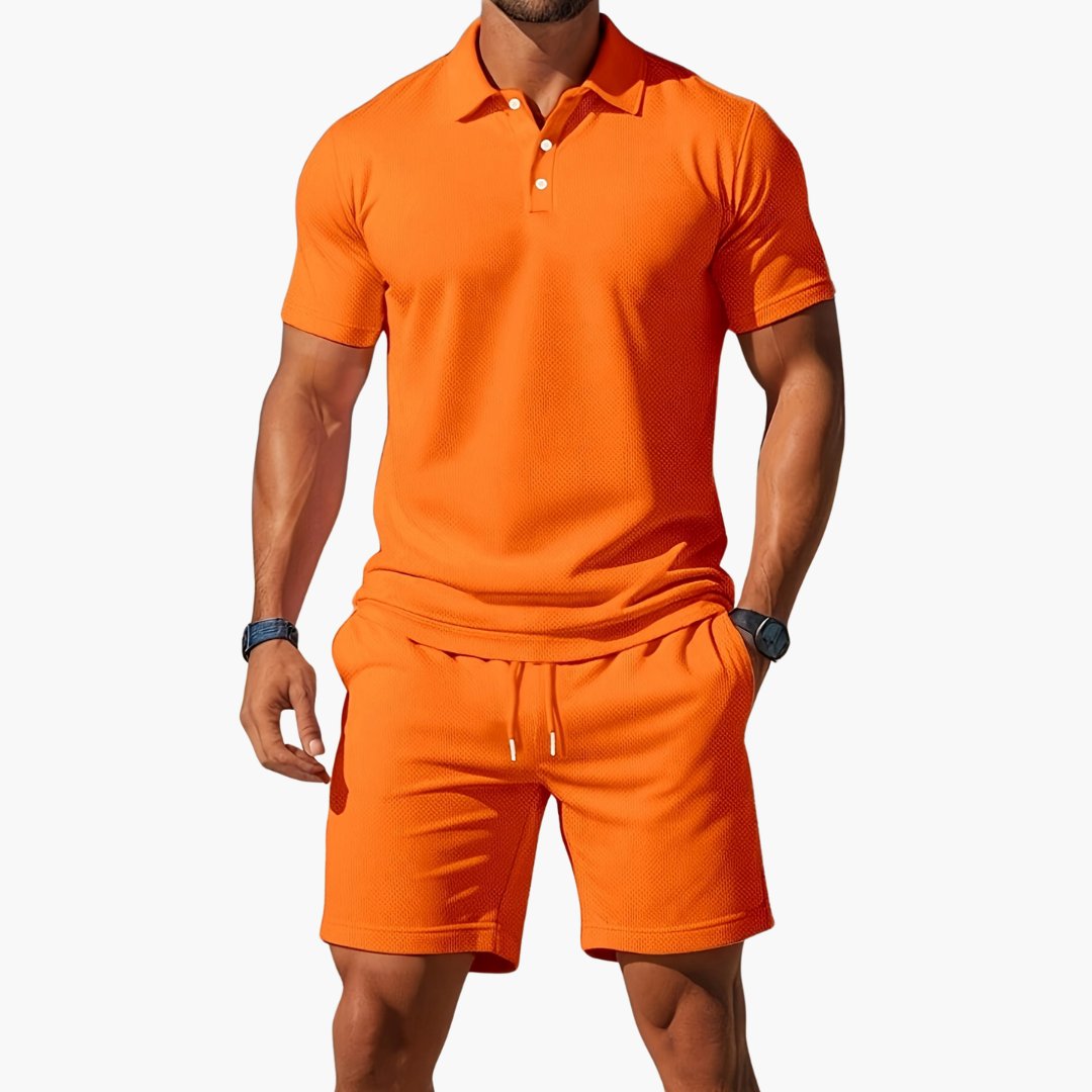 Men's Polo Shirt Shorts Set Casual Two Piece Matching Summer - Orange