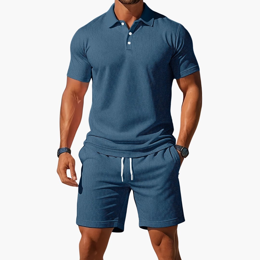 Men's Polo Shirt Shorts Set Casual Two Piece Matching Summer - Blue
