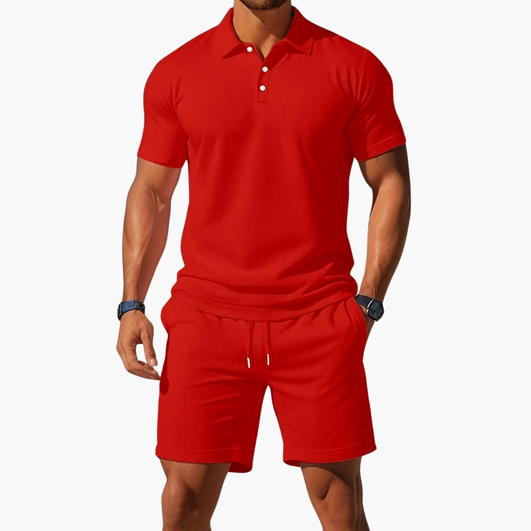 Men's Polo Shirt Shorts Set Casual Two Piece Matching Summer - Red