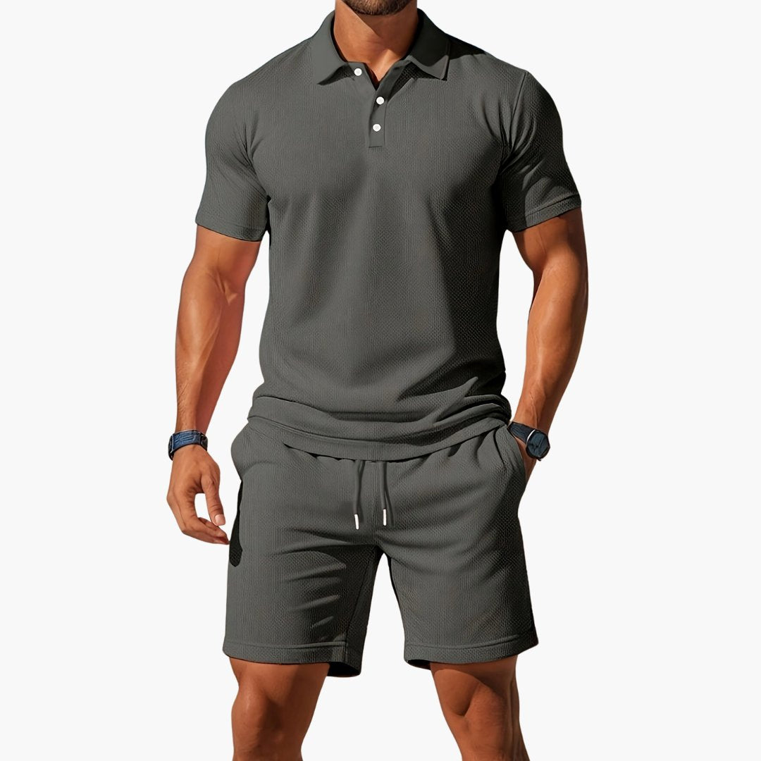 Men's Polo Shirt Shorts Set Casual Two Piece Matching Summer - Dark Gray