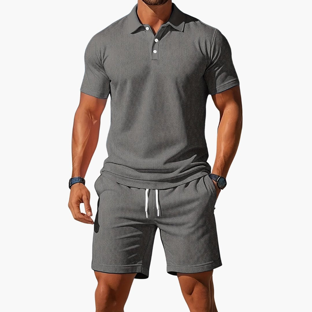 Men's Polo Shirt Shorts Set Casual Two Piece Matching Summer - Light Gray