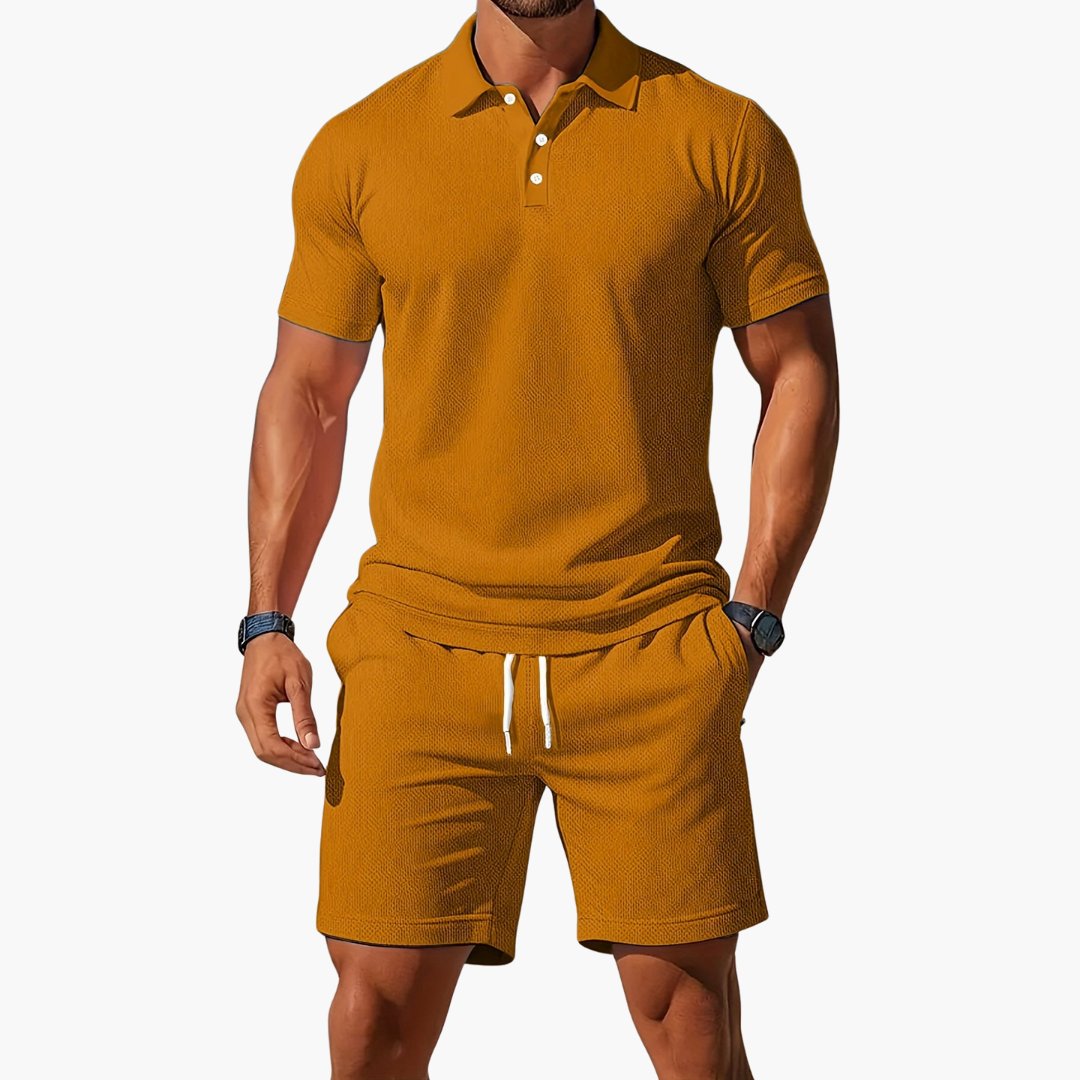 Men's Polo Shirt Shorts Set Casual Two Piece Matching Summer - Khaki