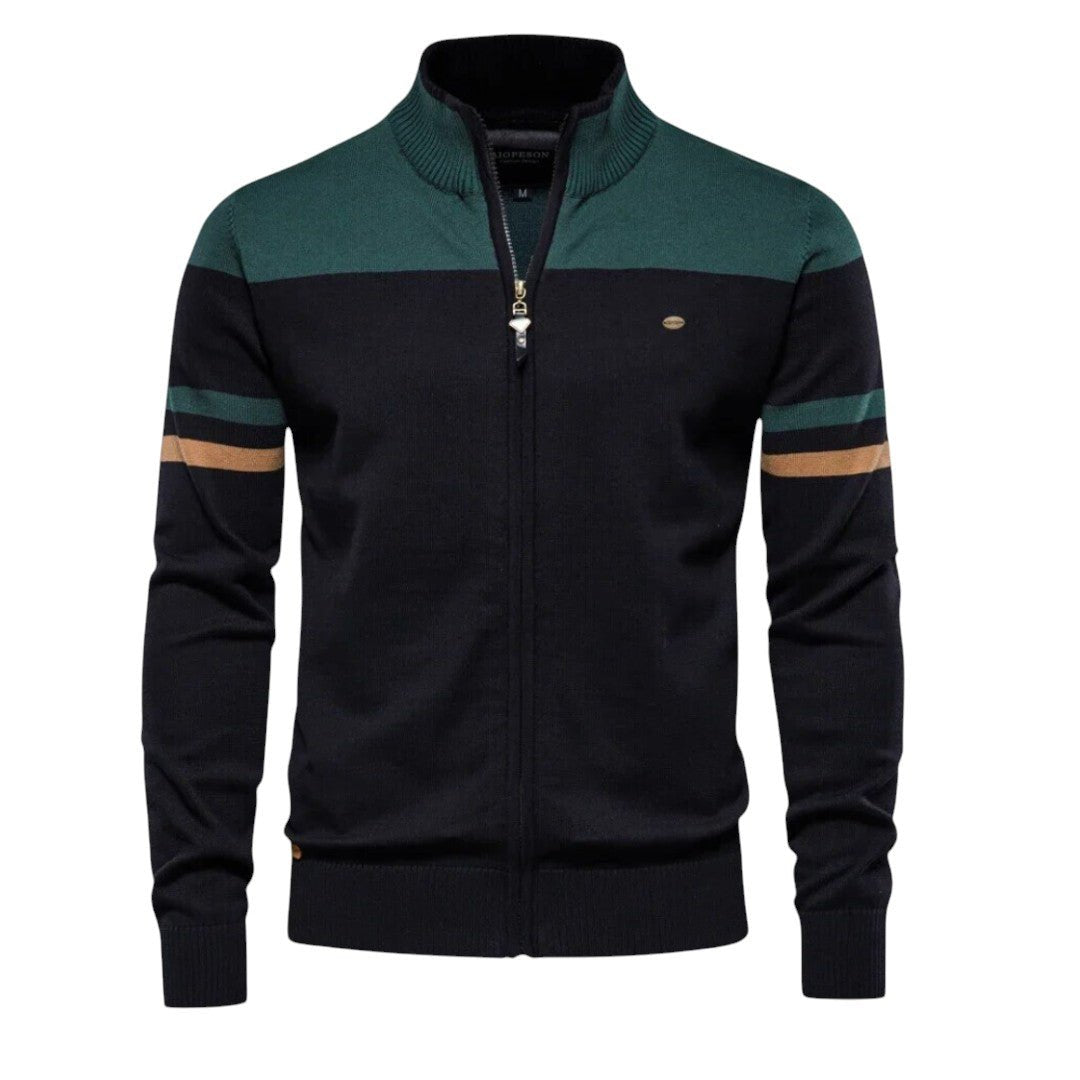 Men's Quarter Zip Knit Jumper Ribbed Collar Cuffs - Green