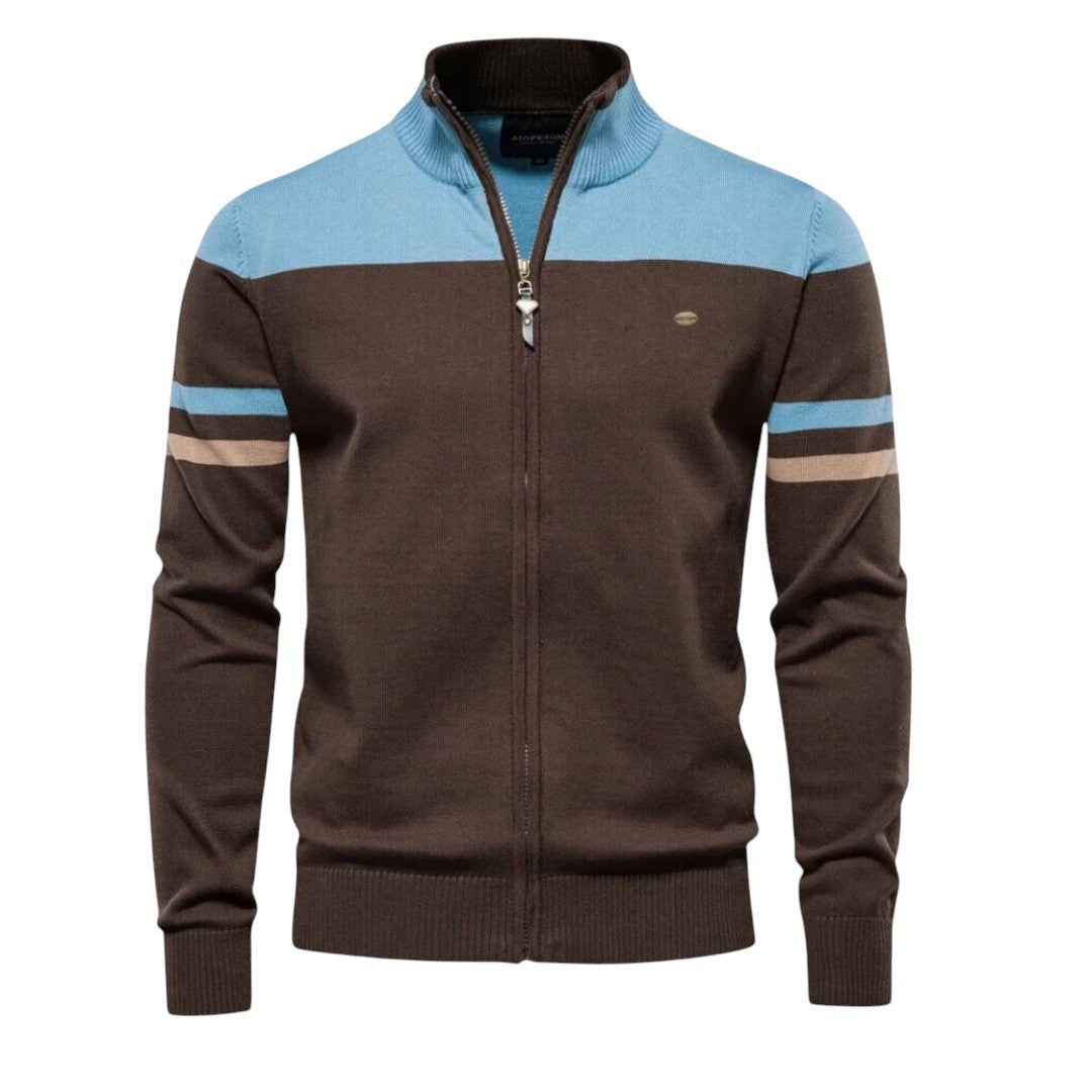 Men's Quarter Zip Knit Jumper Ribbed Collar Cuffs - Brown