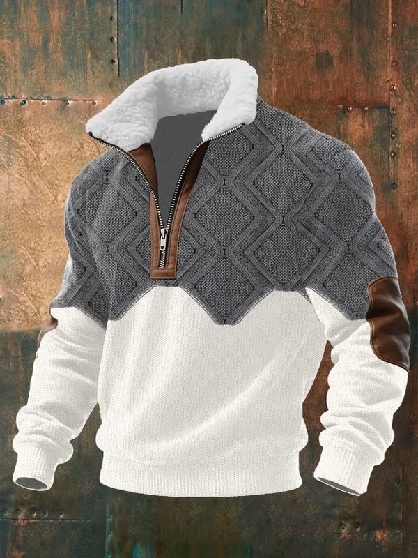 Men's Quarter Zip Pullover Sherpa Collar Cable Knit - Gray and Beige