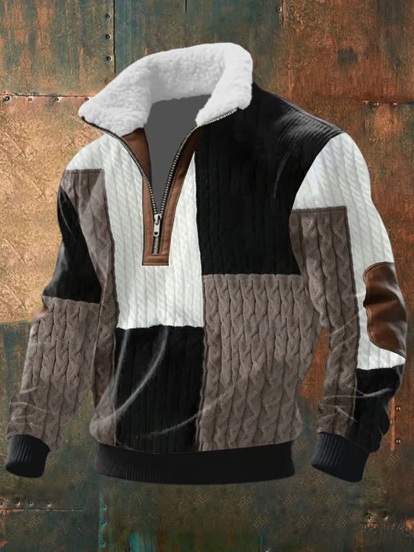 Men's Quilted Pullover Half Zip Sherpa Collar - Beige and Black