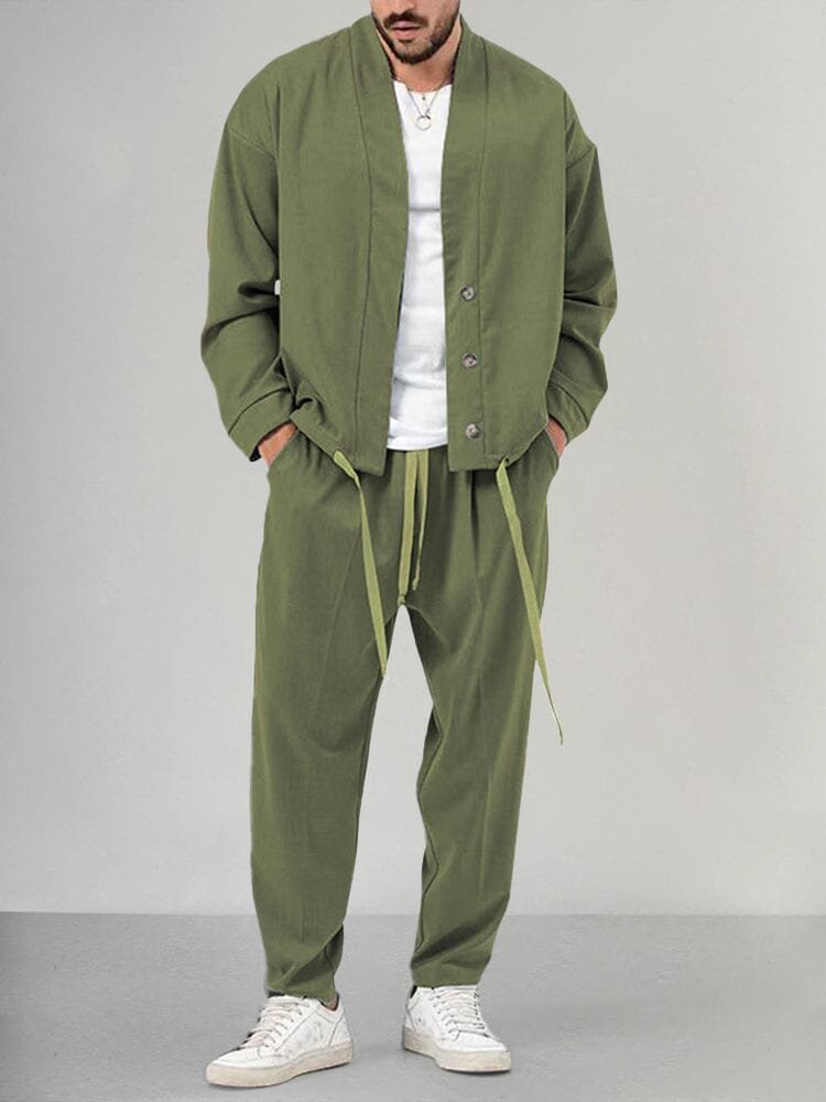 Men's Relaxed-Fit Button-Front Two-Piece Set - Green