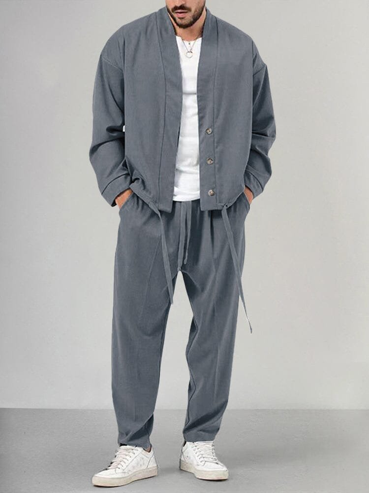 Men's Relaxed-Fit Button-Front Two-Piece Set - Gray