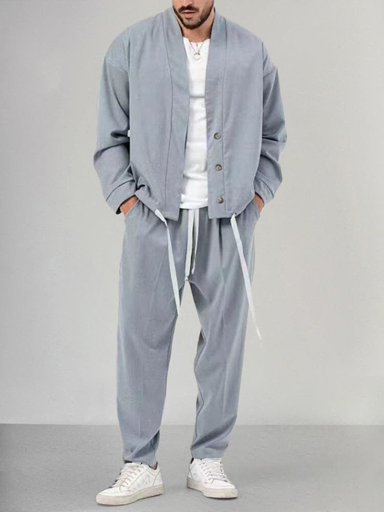 Men's Relaxed-Fit Button-Front Two-Piece Set - Light Gray
