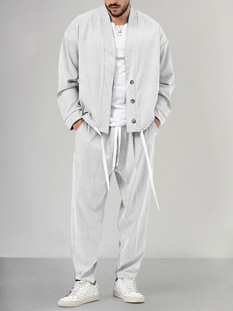 Men's Relaxed-Fit Button-Front Two-Piece Set - White