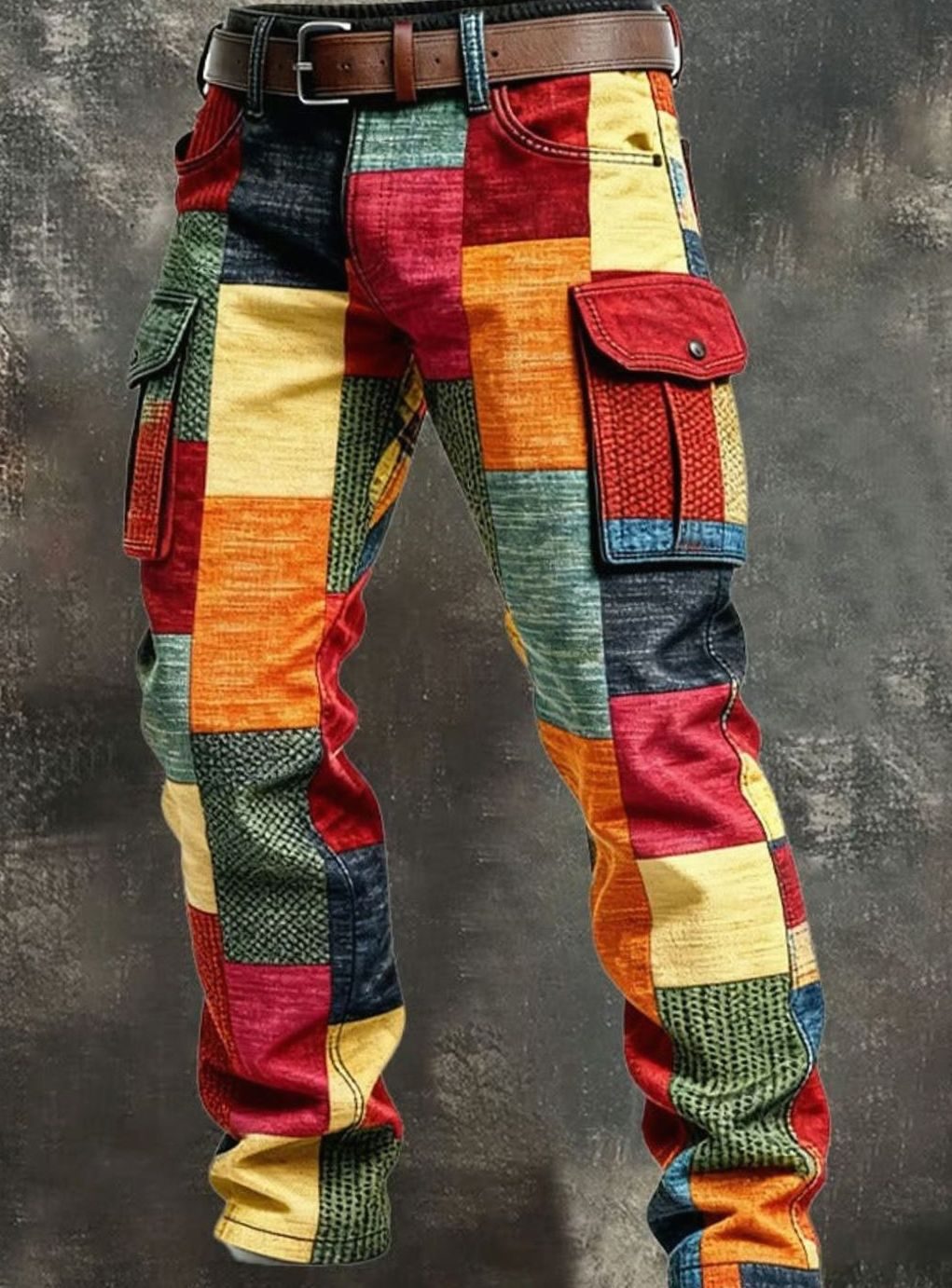 Men's Relaxed-Fit Colourblock Patchwork Cargo Pants - Multicolour