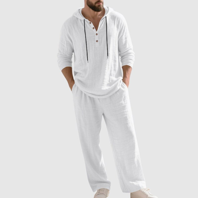 Men's Relaxed-Fit Hooded Linen Two-Piece Set - White