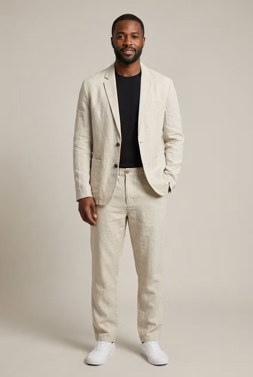 Men's Relaxed-Fit Linen Two-Piece Suit Set - Apricot