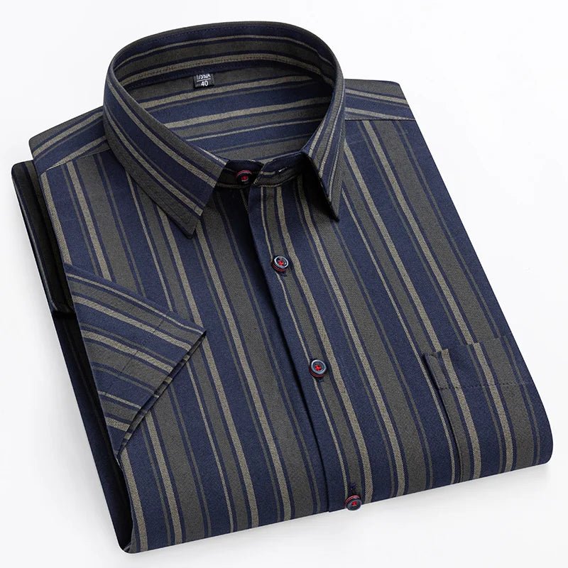 Men's Short Sleeve Cotton Shirt Striped Button-Up Casual - Black
