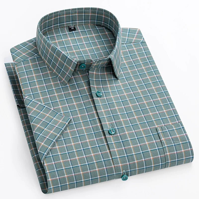 Men's Short Sleeve Cotton Shirt Striped Button-Up Casual - Green