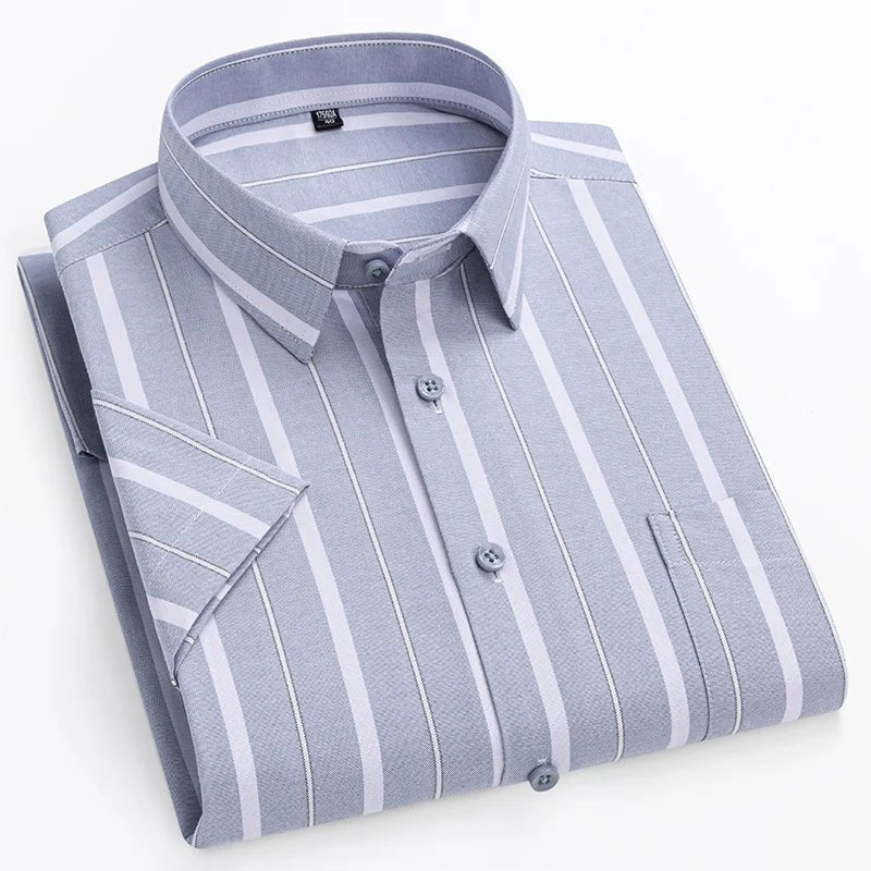 Men's Short Sleeve Cotton Shirt Striped Button-Up Casual - Gray