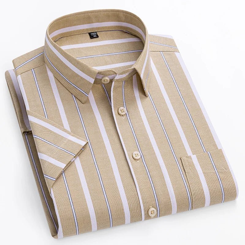 Men's Short Sleeve Cotton Shirt Striped Button-Up Casual - Yellow