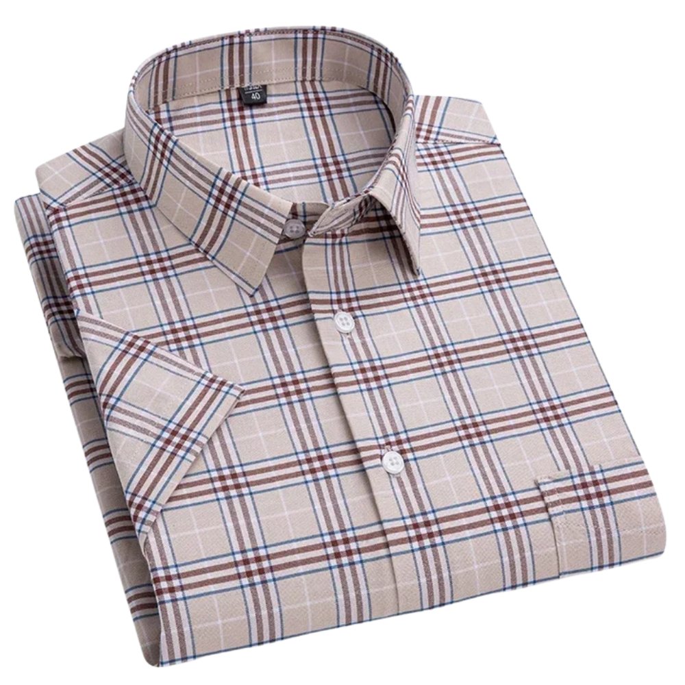 Men's Short Sleeve Cotton Shirt Striped Button-Up Casual - Beige