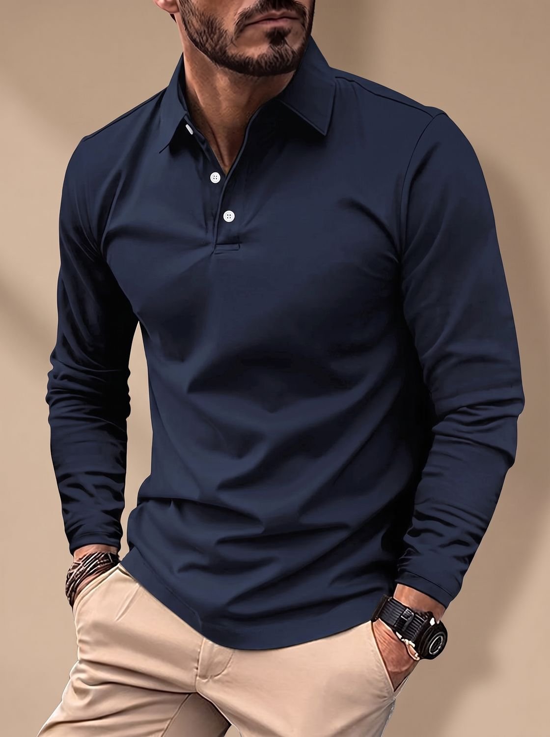 Men's Slim-Fit Long-Sleeve Polo Shirt Collared - Blue