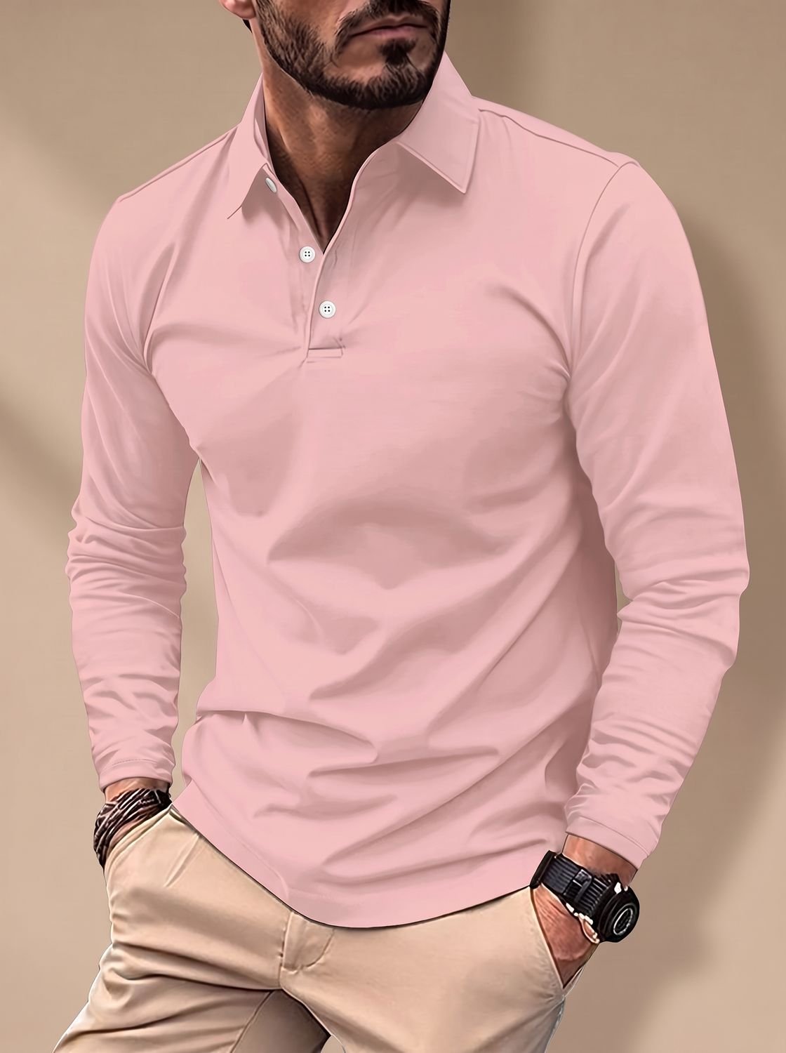 Men's Slim-Fit Long-Sleeve Polo Shirt Collared - Pink
