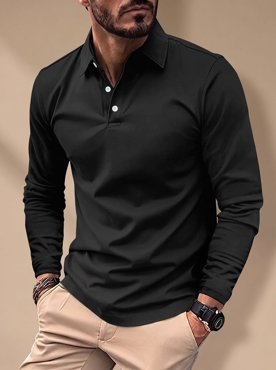 Men's Slim-Fit Long-Sleeve Polo Shirt Collared - Black
